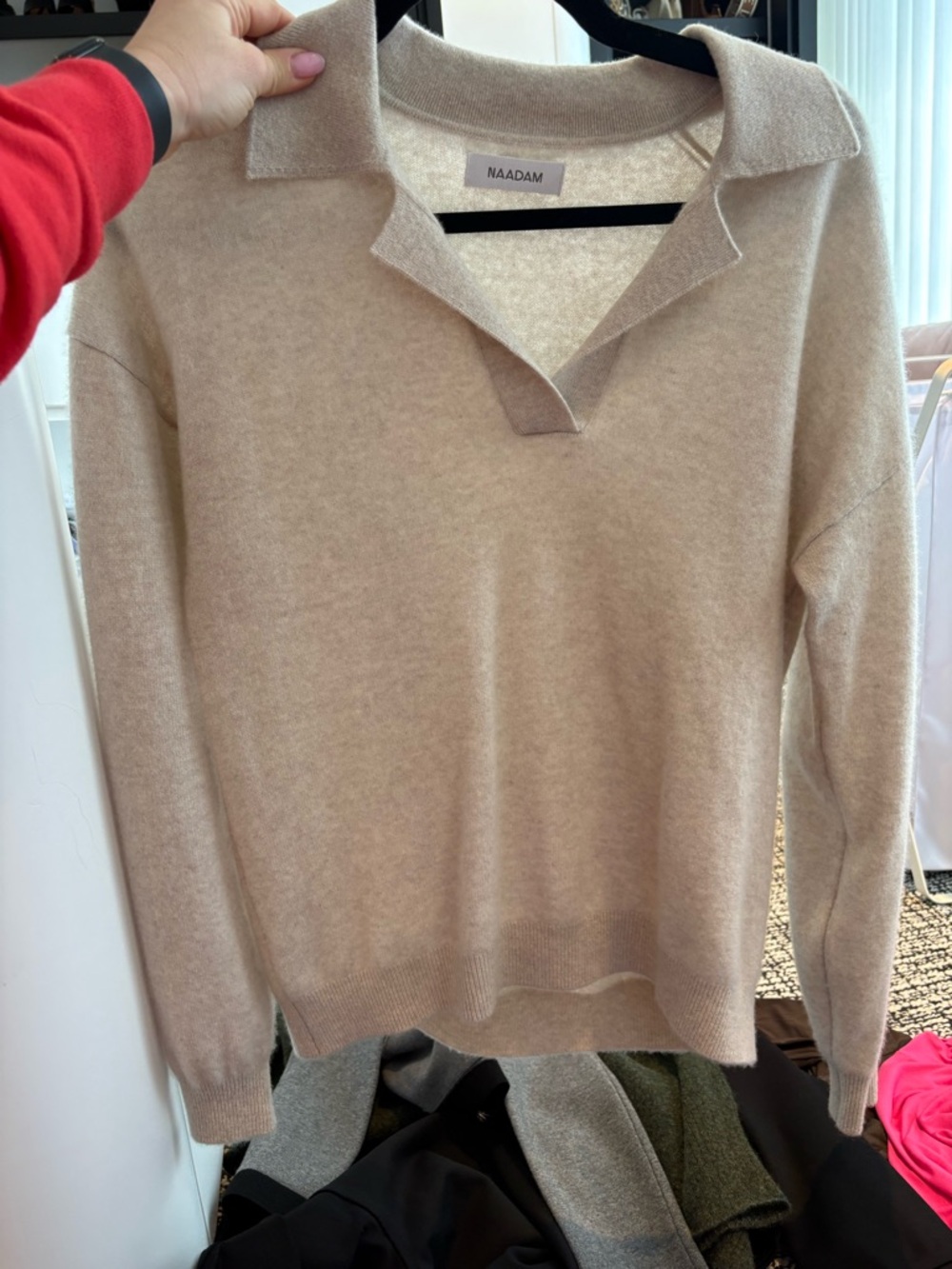 NAADAM Women's Light Cream V-Neck Cashmere Polo Sweater